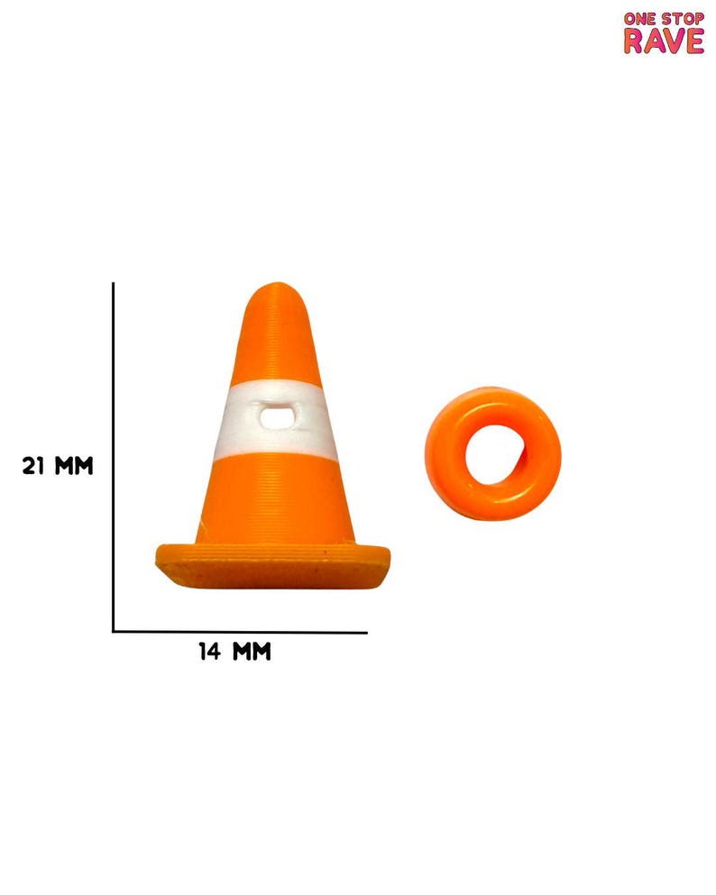 May include: Orange and white miniature traffic cone and a matching orange ring. The cone is 21 mm tall and 14 mm wide. The image includes the text "ONE STOP RAVE".