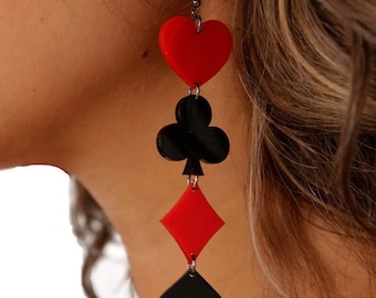 House of Cards Earrings (card suite, casino, Alice in wonderland, queen of hearts, rave accessories, rave jewelry, Las Vegas, sin city)