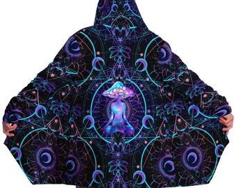 Mushroom Astrology Festival Cloak | Hooded Cloak - Rave Cloak - Festival Jacket - Micro-Fleece Cloak - Mushroom Cloak