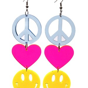 Peace Love Happiness Charm Earrings, Rave Jewelry, UV Reactive Blue Peace