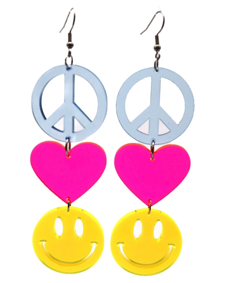 Peace Love Happiness Charm Earrings, Rave Jewelry, UV Reactive Blue Peace