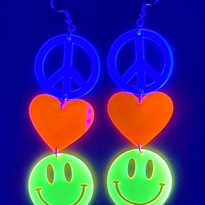 Peace Love Happiness Charm Earrings, Rave Jewelry, UV Reactive image 9