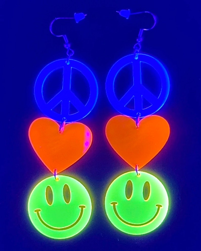 Peace Love Happiness Charm Earrings, Rave Jewelry, UV Reactive image 9