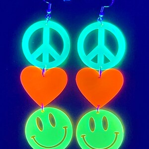 Peace Love Happiness Charm Earrings, Rave Jewelry, UV Reactive image 8
