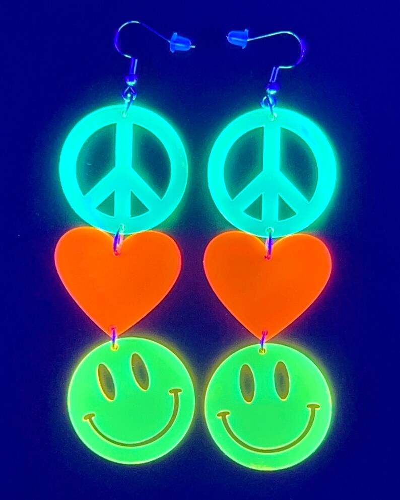 Peace Love Happiness Charm Earrings, Rave Jewelry, UV Reactive image 8
