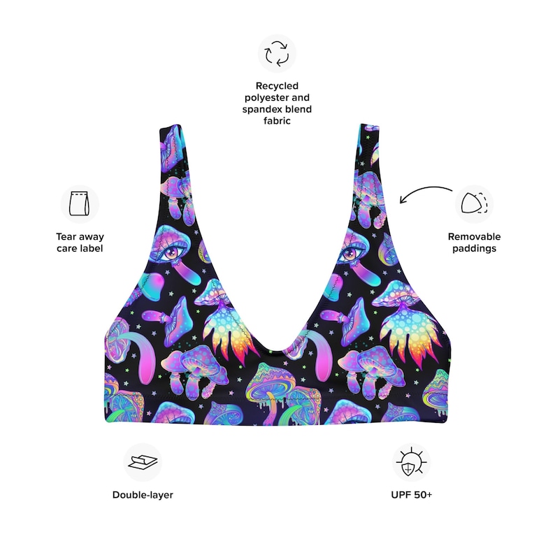 May include: A black bikini top with a colorful psychedelic mushroom pattern. The top is made of recycled polyester and spandex blend fabric, with removable paddings and a double-layer design. It also features UPF 50+ protection.