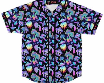 Shroomin Schwarzer Baseball-Jersey | Rave Jersey - Festival Jersey - Rave Button Up - Rave Shirt - Rave Party Shirt - Festival Top