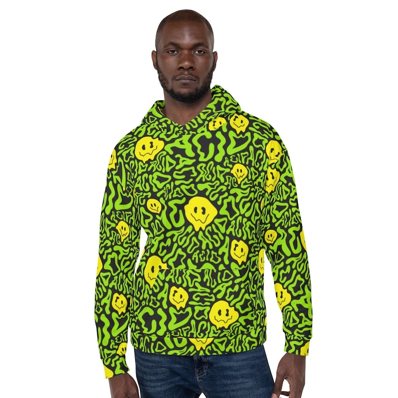 May include: A green and black hoodie with a repeating pattern of yellow smiley faces and green swirls. The text "Acid" is repeated throughout the pattern.