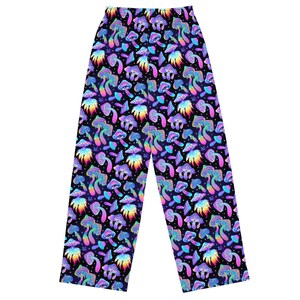 May include: Black trousers with a psychedelic print of colourful mushrooms and eyes.