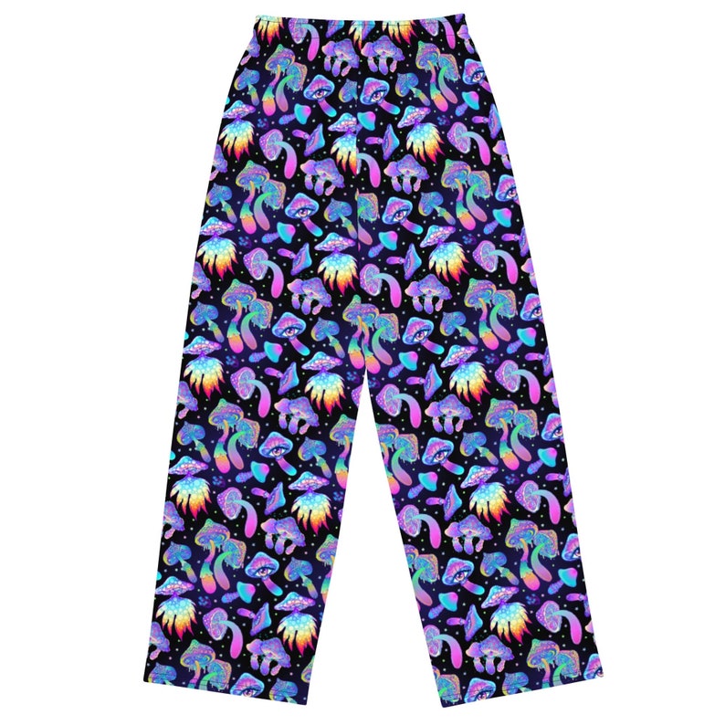 May include: Black trousers with a psychedelic print of colourful mushrooms and eyes.