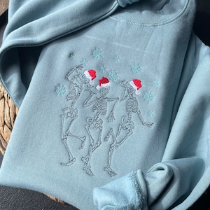 Christmas Dancing Skeleton Embroidered Crewneck Sweatshirt, Dancing Skeletons Embroidered Sweater