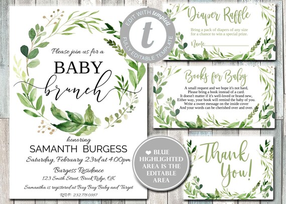 Thank You Card Greenery Baby Shower Invitation Kit Woodland Leaves Book for Baby Insert Diaper Raffle N12 Neutral Eucalyptus Vintage Set