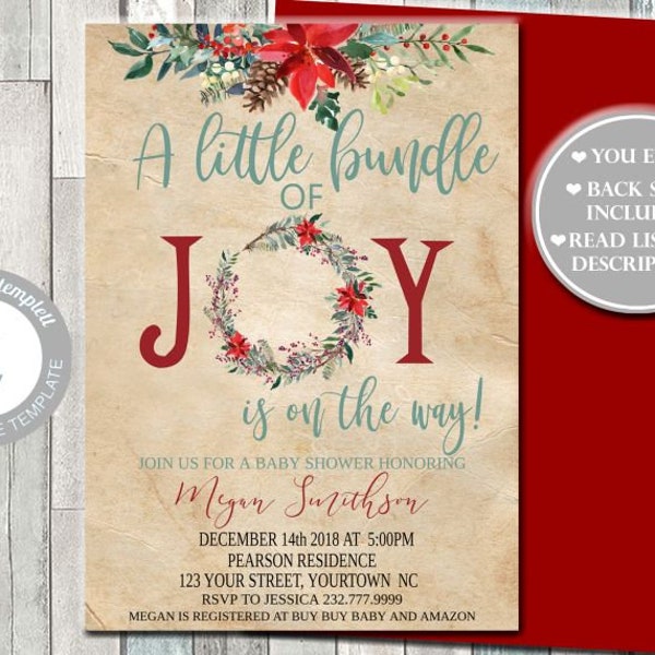 Joy Christmas Baby Shower Invitation, Bundle of Joy is on the Way, Country Holiday Winter Wreath Baby Shower, Gender Neutral Printable, N03