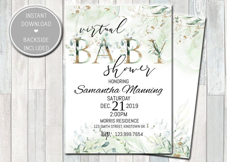 Editable Virtual Baby Shower Invitation Eucalyptus Greenery Virtual