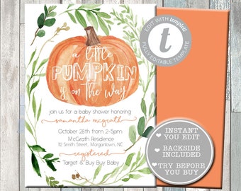 Pumpkin Baby Shower Invitation, Fall Baby Shower Invitation, Little Pumpkin Invite, Autumn Floral, Editable template, Instant Download N38