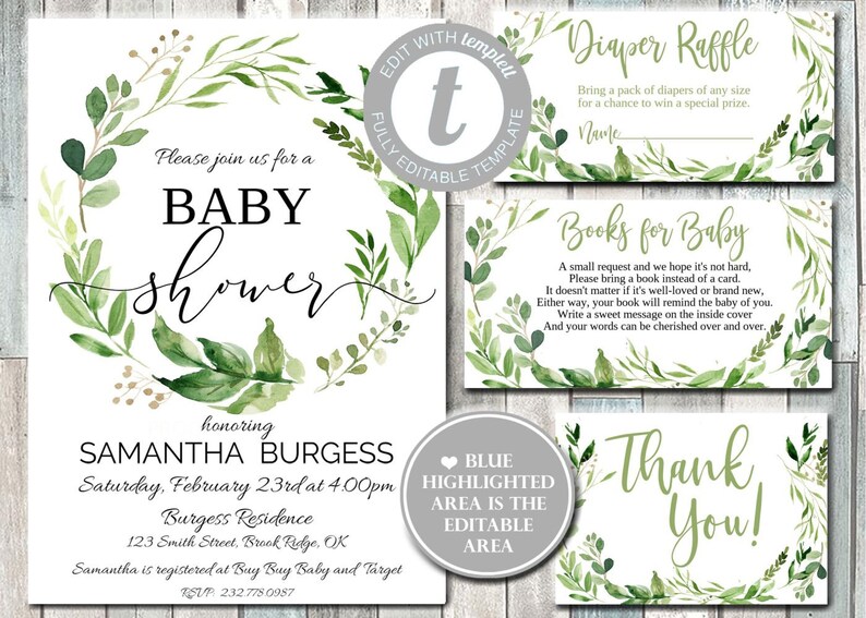 Thank You Card Greenery Baby Shower Invitation Kit Woodland Leaves Book for Baby Insert Diaper Raffle N12 Neutral Eucalyptus Vintage Set