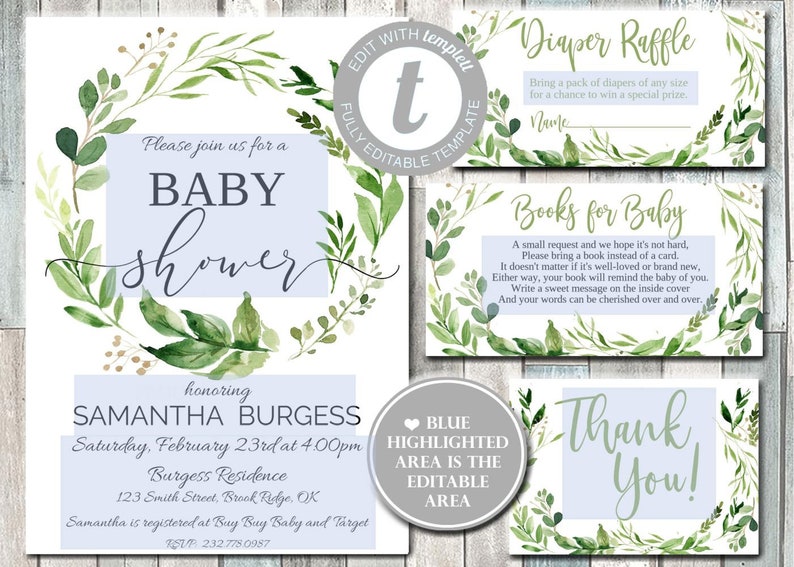 Thank You Card Greenery Baby Shower Invitation Kit Woodland Leaves Book for Baby Insert Diaper Raffle N12 Neutral Eucalyptus Vintage Set
