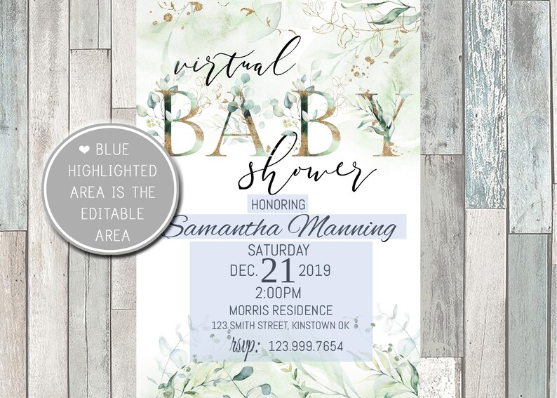 Editable Virtual Baby Shower Invitation Eucalyptus Greenery Virtual