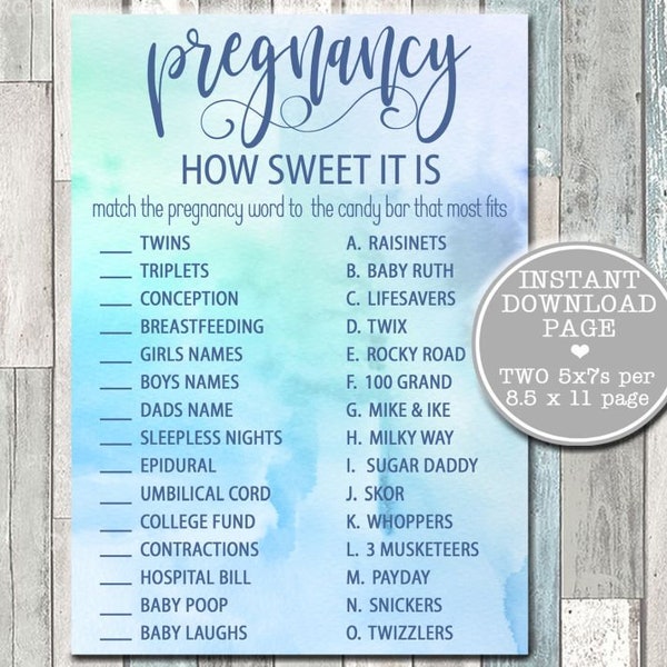 Pregnancy Candy Match Game, Blue Ombre Watercolor Splash Game, How Sweet It Is Pregnancy Card, Boy Baby Shower Game Instant DOWNLOAD N22