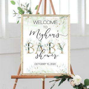 Greenery Baby Shower Welcome Sign, Eucalyptus Succulent Modern Shower Table Sign, Gender Neutral Boy Girl Gold Letters, Personalized, N46