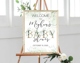 Greenery Baby Shower Welcome Sign, Eucalyptus Succulent Modern Shower Table Sign, Gender Neutral Boy Girl Gold Letters, Personalized, N46