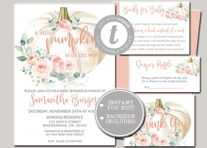 Editable Pumpkin Baby Shower Invitation Kit White Pumpkin Etsy