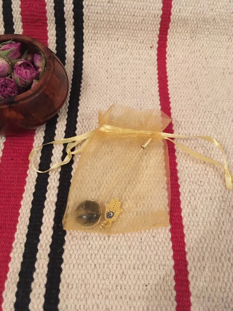 PIN brooch hijab Golden pine Hamsa eye blue cabochon Tiger eye gift Islam witness gift woman