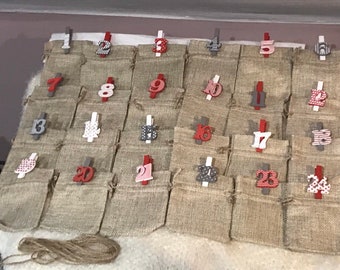 Advent Calendar Kit, Jute Velvet Pouch to Fill, Numbered Garland, Small Slipper, Christmas Decoration