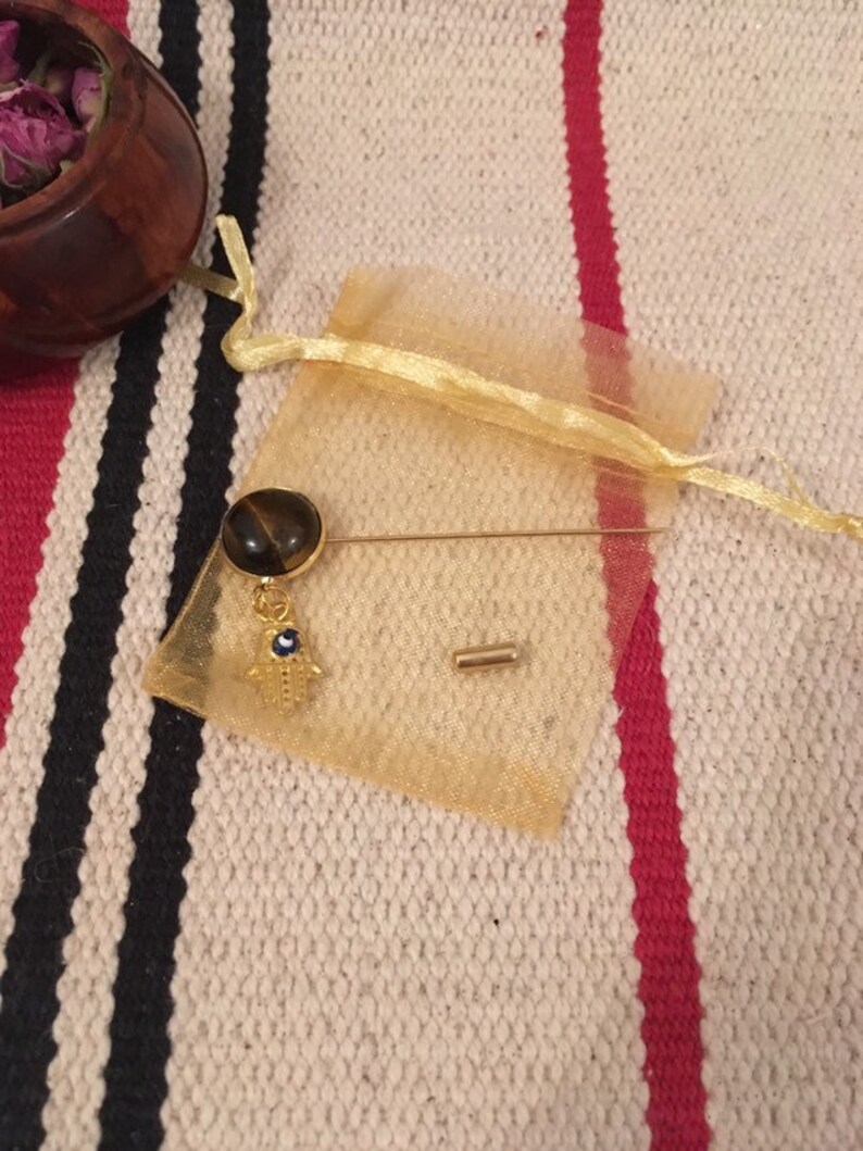 PIN brooch hijab Golden pine Hamsa eye blue cabochon Tiger eye gift Islam witness gift woman
