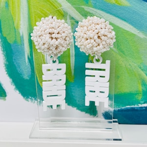 Custom Acrylic Dangle Earrings: Seed Bead Topper, Bride Tribe Jewelry