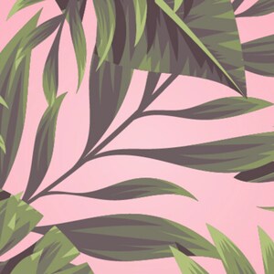 May include: A pink background with green tropical leaves. The leaves are arranged in a random pattern and overlap each other.