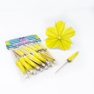 Yellow Hibiscus Flower Cocktail Umbrella pack, Great for drinks, cupcake topper at parties, weddings and birthday. Tiki and tropical decor
