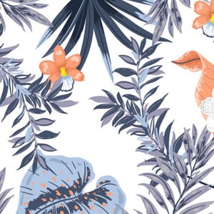 May include: A seamless pattern featuring blue and grey tropical leaves, orange and white flowers, and a white orchid with a burgundy centre.