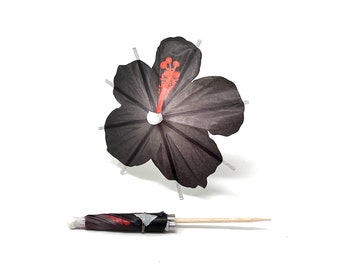 Cocktail Umbrellas | 20 Pieces | Black Hibiscus Flower | Halloween Decor |Cupcake Topper | Drink Umbrella | Tiki Drink Stick | Holiday Party