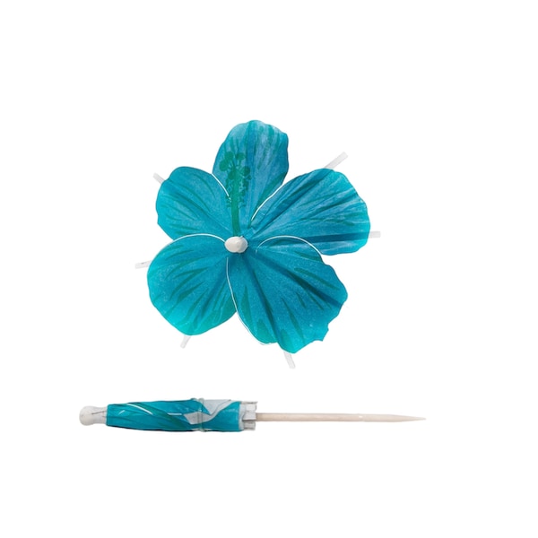 Aruba Blue Hibiscus Flower Cocktail Umbrella, Set of 20, Wedding decor, Cupcake Topper, Tiki Drink Umbrella,Beach party, bridal shower