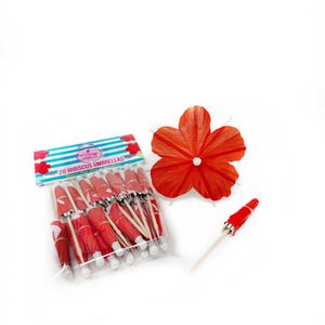 Red Hibiscus Flower Cocktail Umbrella pack, great for cupcake topper, tiki drink garnish, beach or luau decor, Independence Day celebration