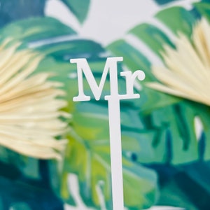 Puede incluir: Un adorno para tarta blanco cortado con láser con la palabra "Mr" en una fuente limpia y sans-serif. El adorno se coloca sobre un fondo de hojas tropicales en tonos verdes y blancos, con un toque de follaje seco.