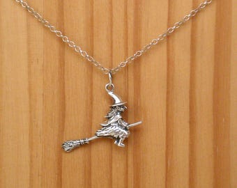 Sterling Silver Witch Pendant Necklace, Halloween Jewelry