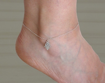 Cavigliera in argento sterling con mano di Hamsa, mano di Fatima