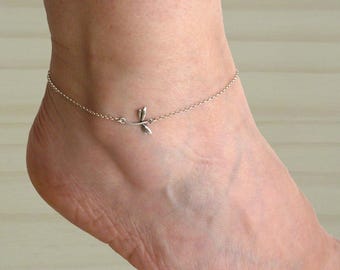 Silver dragonfly anklet bracelet, Beach jewelry, Delicate anklet, Dragonfly