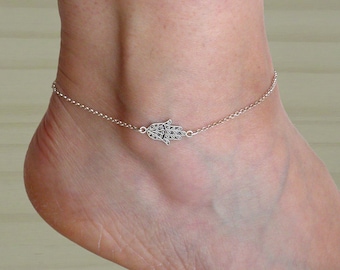 Cavigliera in argento sterling con mano di Hamsa, mano di Fatima
