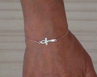 Ankh egyptian bracelet, Sterling silver ankh egyptian cross bracelet, Silver bracelet, Adjustable bracelet