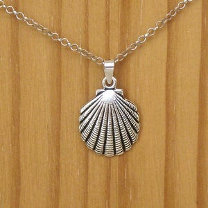 Può includere: Una collana in metallo color argento con un ciondolo a forma di conchiglia di capasanta. Il ciondolo presenta una superficie testurizzata e scanalata con dettagli scuri ossidati nelle fessure. È appeso a una sottile catena in metallo argentato.