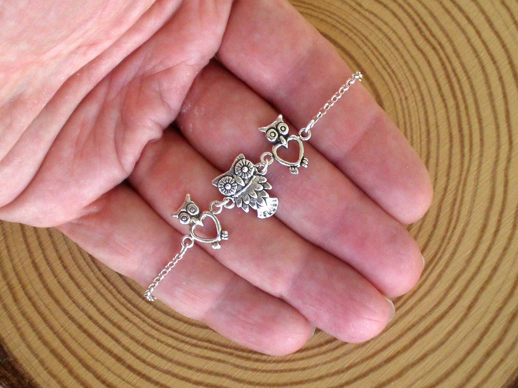 Sterling silver owl bracelet, Silver bracelet, Lucky charm, Owl bracelet, Adjustable bracelet, Amule