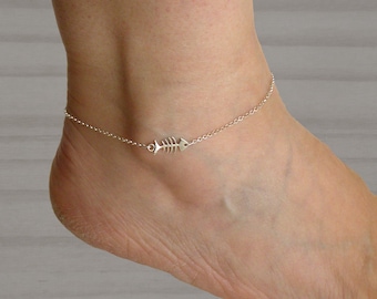 Sterling silver fish bone anklet, Beach jewelry, Fish bone charm, Sterling silver anklet bracelet,