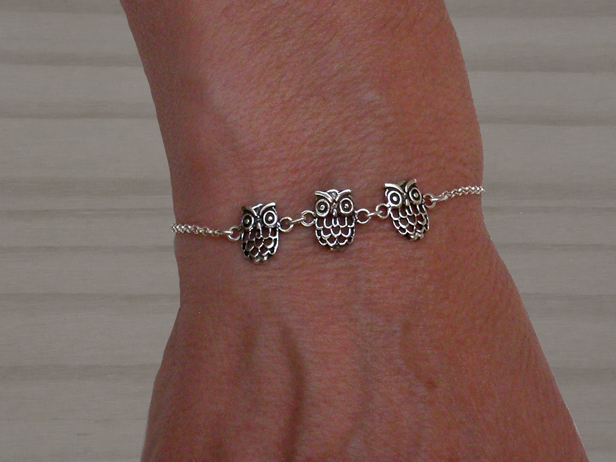 Sterling silver owl bracelet, Silver bracelet, Lucky charm, Owl bracelet, Adjustable bracelet, Amule