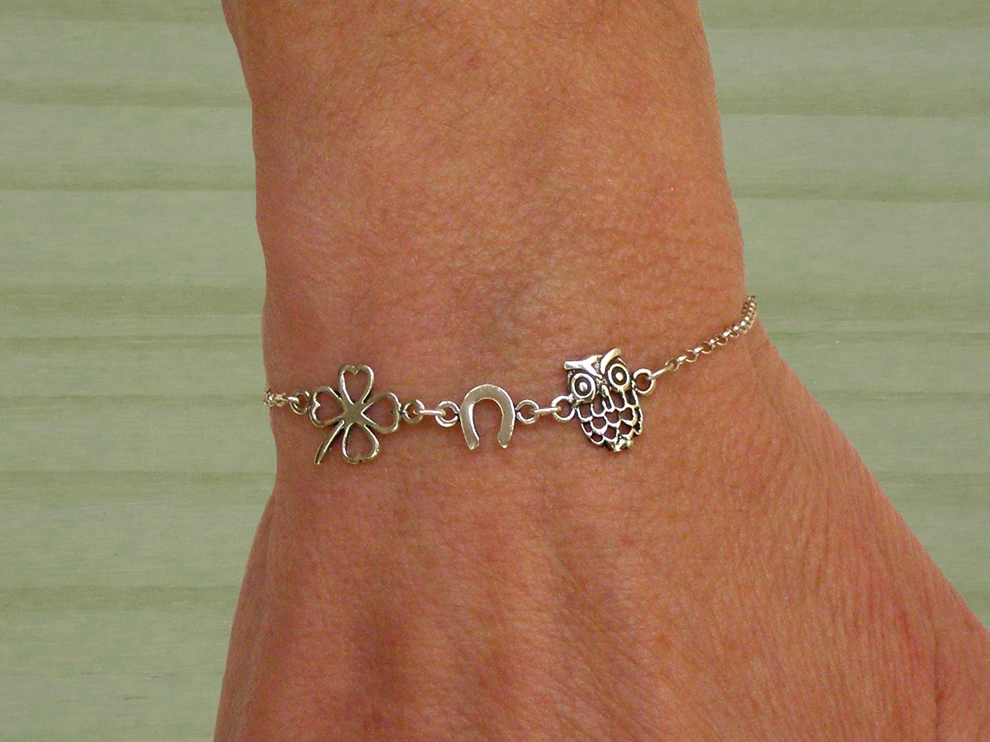 Sterling silver four leaf clover, horseshoe and owl bracelet, Lucky charm