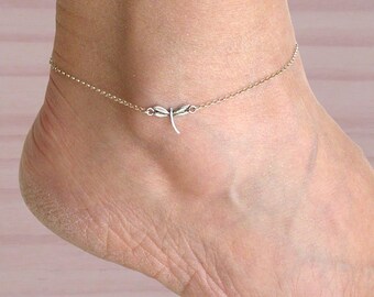 Silver dragonfly anklet bracelet, Beach jewelry