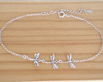 Silver dragonfly anklet bracelet, Beach jewelry, Delicate anklet, Dragonfly