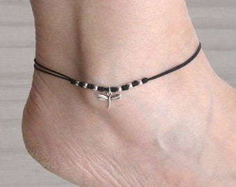 Sterling silver dragonfly anklet, Adjustable anklet, Dragonfly anklet bracelet